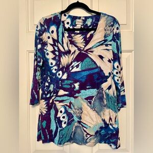 Chico’s brand, size 2, blue patterned 3/4 length shirt